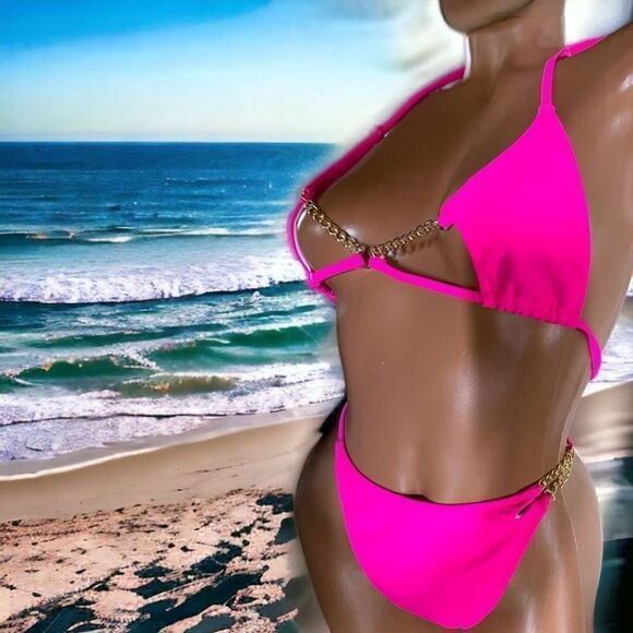 Gold Accented Hot Pink l String Triangle l Bikini l Thong l M/L l New - Picture 3 of 9